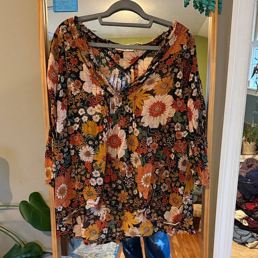 NATURAL LIFE Floral Blouse in Black, Orange, and Yellow